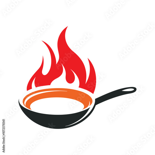 Minimalist Restaurant Logo with Pan and Flying Flames - Modern Vector Illustration for Culinary Branding and Gourmet Cuisine