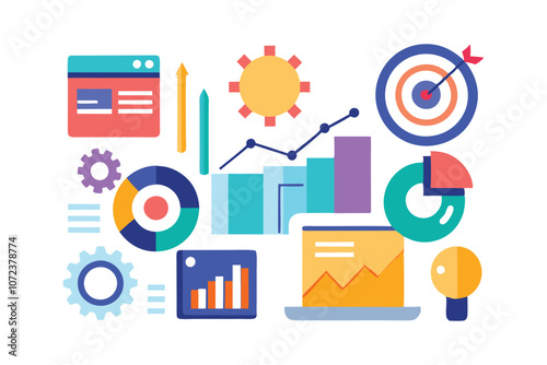 Business Benchmarking Vector Illustration - Strategy and Performance Analysis with Data Charts and Growth Metrics for Corporate Success