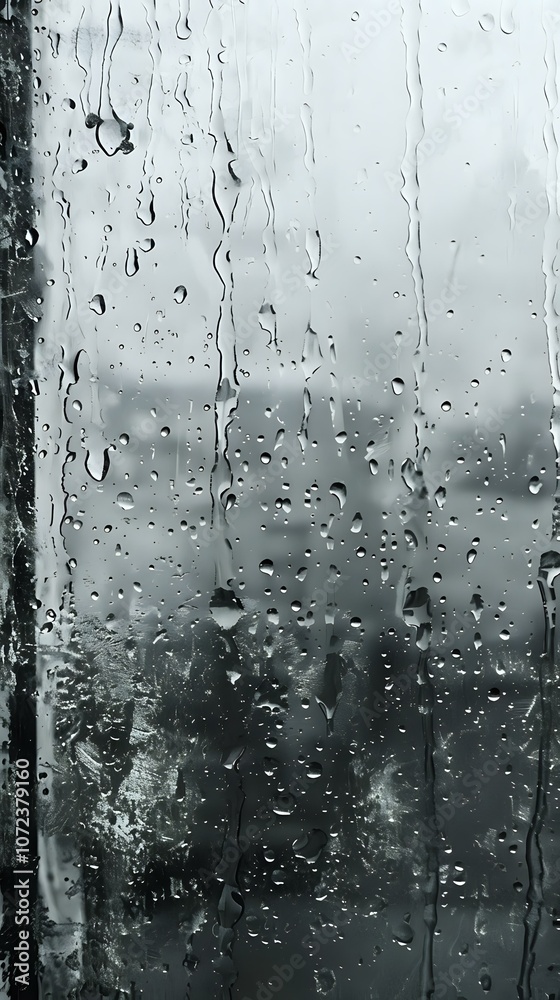 Raindrops on window glass during stormy weather create moody atmosphere, perfect for seasonal weather concepts and melancholic design projects in black and white tones.