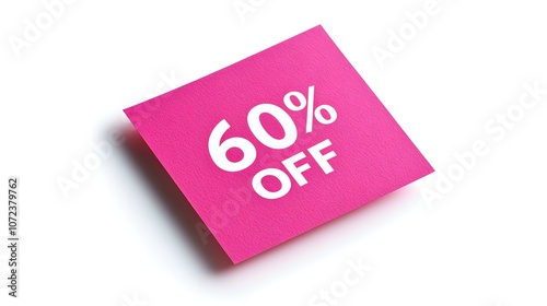 White '60% OFF' Text on a Hot Pink Square Paper Note. White Background with Copy Space