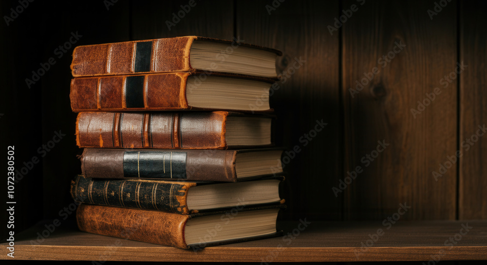 Antique leather-bound books stacked on wooden table Antique leather-bound books stacked on wooden table