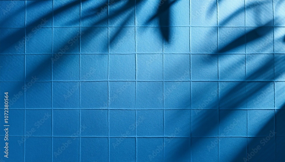 Obraz premium blue paper checkered texture background with leaves shadows copy space