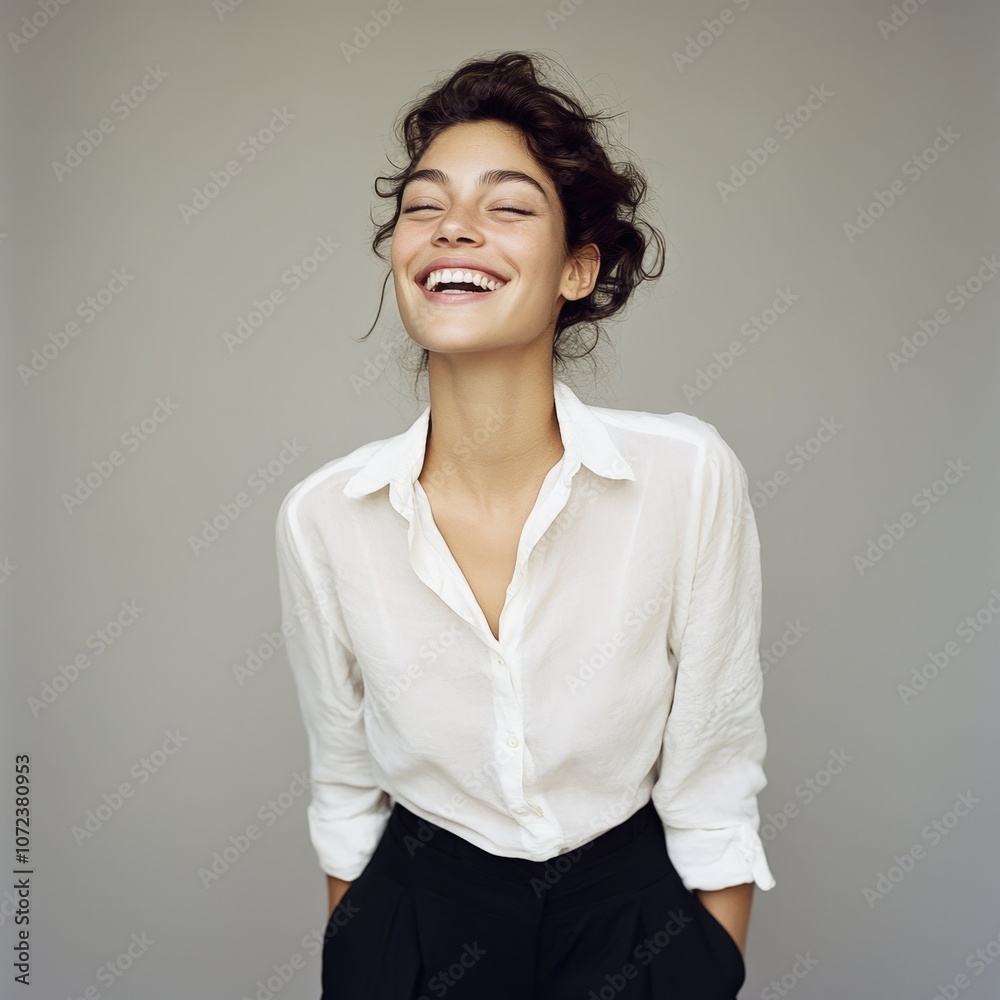 Joyful woman with curly hair laughing happily Joyful woman with curly hair laughing happily