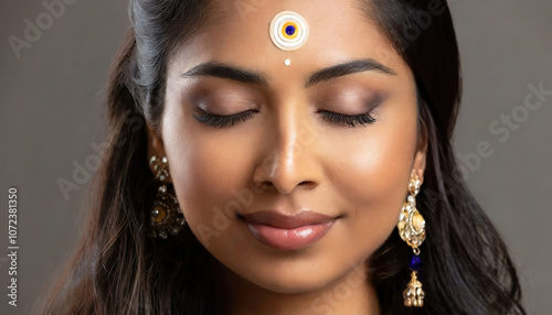 Woman with traditional bindi and jewelry, meditating with closed eyes photo