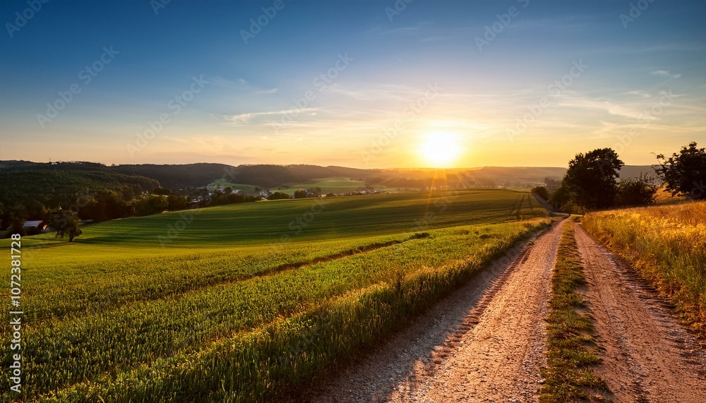saarland nnsonnenuntergang blick uber die landschaft des sankt wendler landes bei st wendel mit feldweg im gegenlicht saarland nnsonnenuntergang blick uber die landschaft des sankt wendler landes bei st wendel mit feldweg im gegenlicht