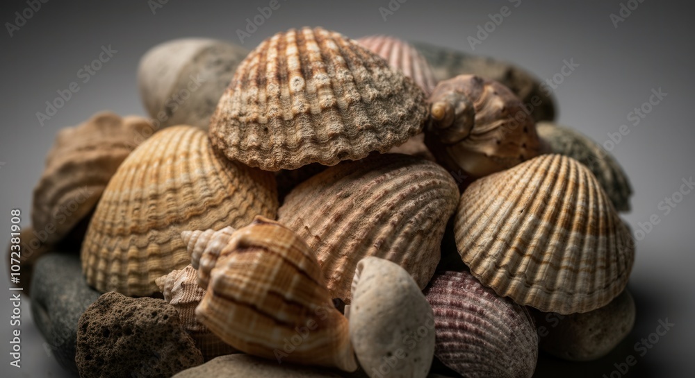 Close-up of assorted seashells pebbles texture Close-up of assorted seashells pebbles texture