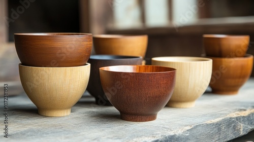 Wooden Bowls Arranged on a Rustic Table