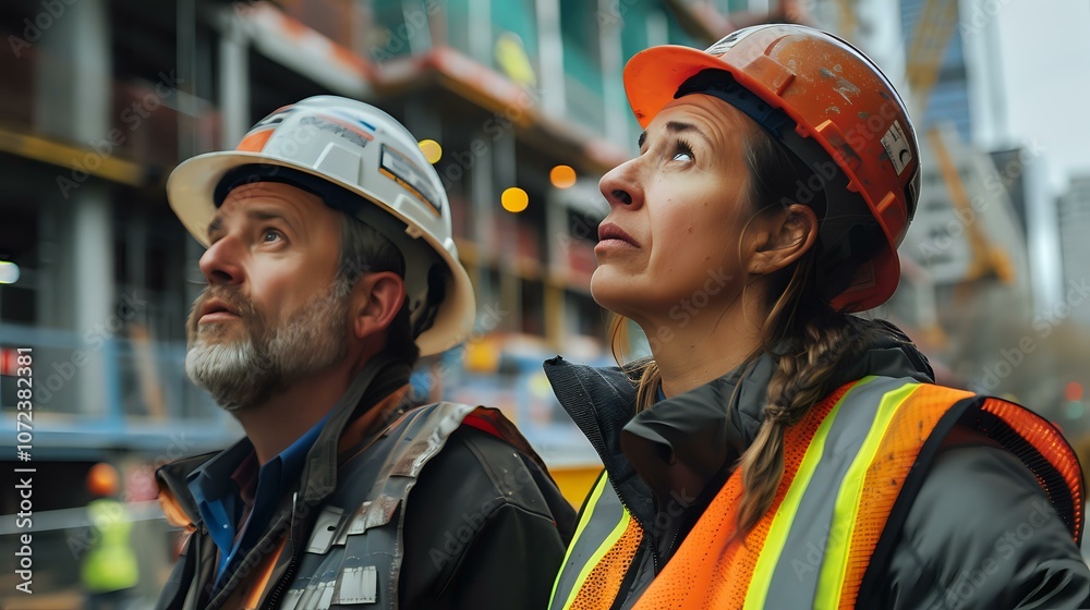 A man and a woman in construction safety gear, including hard hats and reflective vests, stand on a building site, observing progress. Ideal for construction and teamwork themes. A man and a woman in construction safety gear, including hard hats and reflective vests, stand on a building site, observing progress. Ideal for construction and teamwork themes.