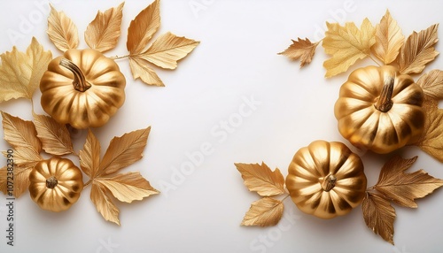 gold pumpkins and fall leaves on a white background