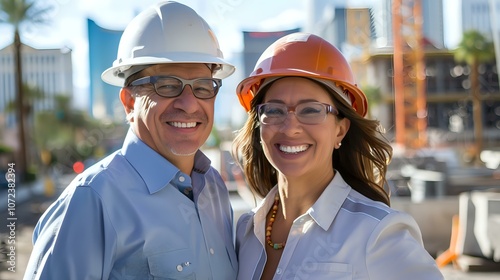 A smiling man and woman wearing hard hats and safety glasses stand confidently on a construction site, symbolizing teamwork and professionalism in urban development.