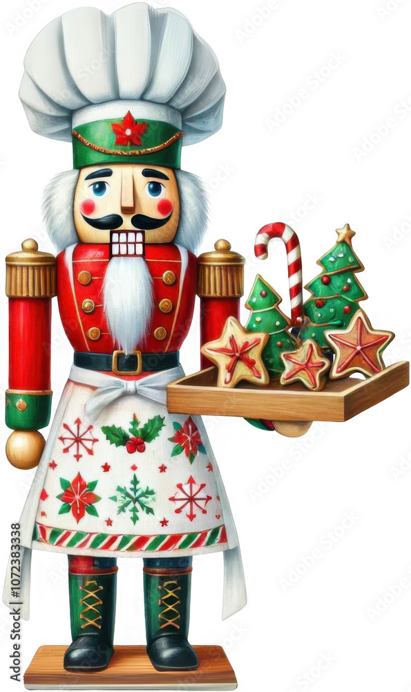 Naklejka premium A colorful nutcracker doll dressed as a chef, holding a tray with festive treats, including trees, stars, and candy canes. 