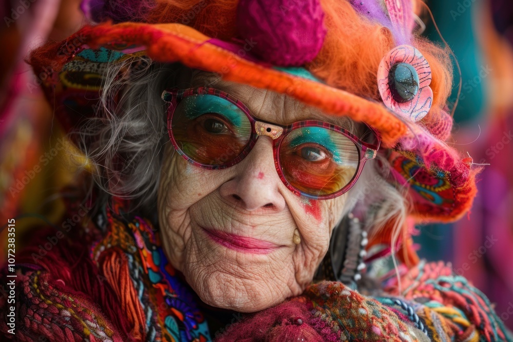 Close up of a stylish senior woman wearing a vibrant knitted hat and colorful glasses, her face etched with wrinkles and a gentle smile Close up of a stylish senior woman wearing a vibrant knitted hat and colorful glasses, her face etched with wrinkles and a gentle smile
