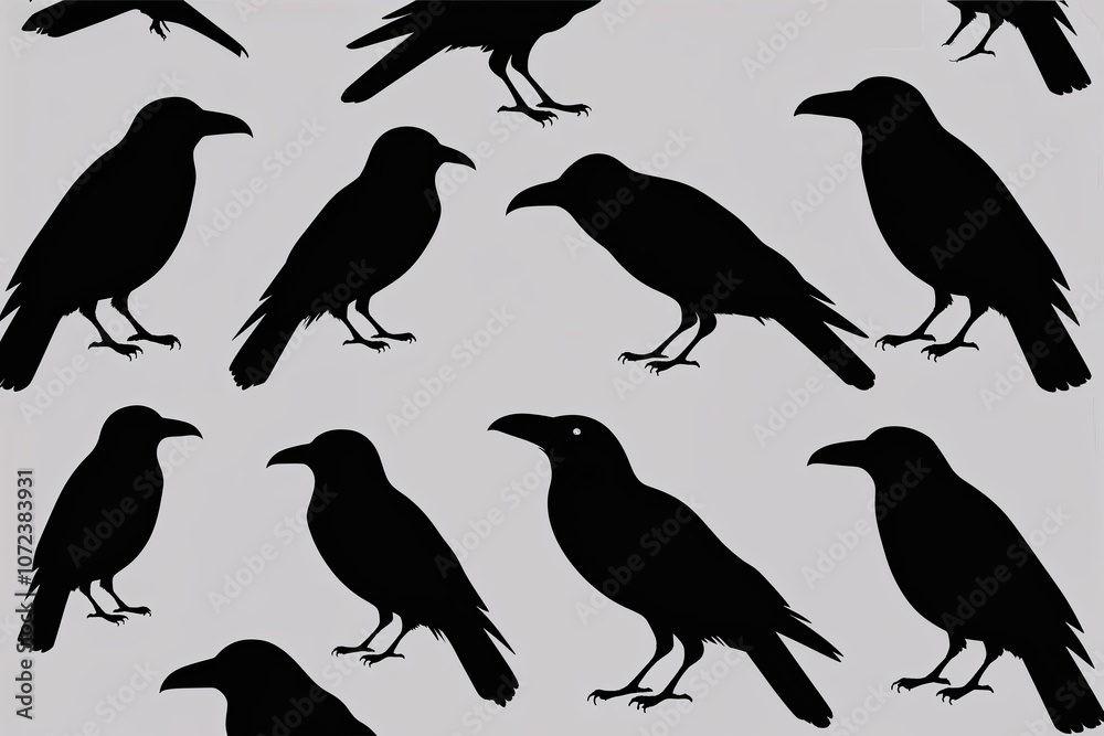 Fototapeta premium Raven Silhouettes Glossy Texture Array on Clear Surface