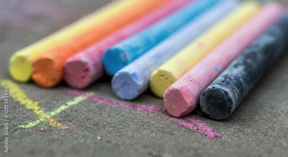 Vibrant street art chalks lying on pavement Vibrant street art chalks lying on pavement
