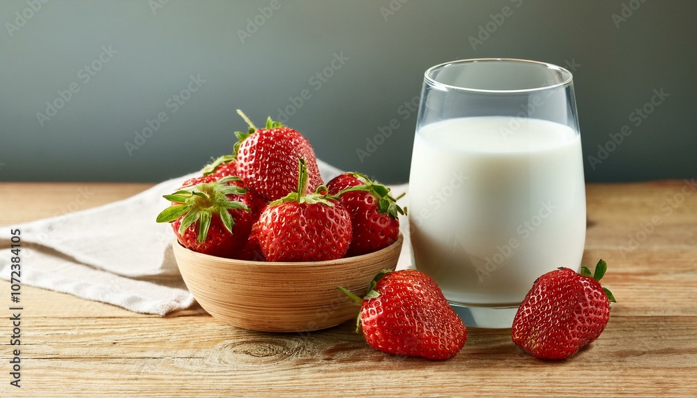ripe red strawberries and milk on wooden table ripe red strawberries and milk on wooden table