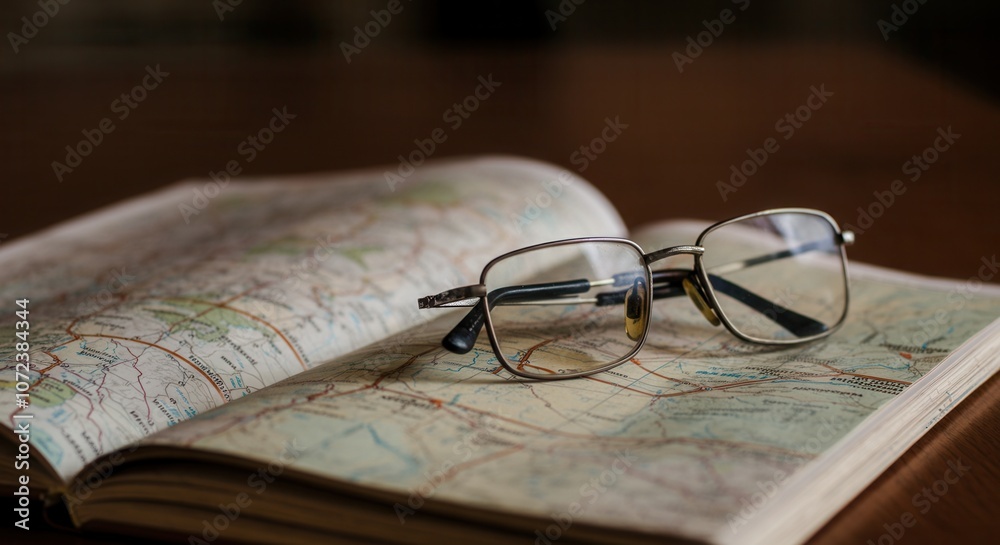 Close-up of glasses resting on open atlas Close-up of glasses resting on open atlas