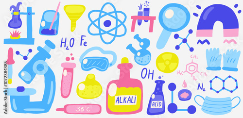 Cute science chemistry theme composition, postcard with funny hand drawn doodle acid, tube, flask, mask, molecule, magnet, formula, radiation, atom, dropper. School, science, education objects set