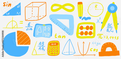 Cute science theme with funny hand drawn doodle math diagram, cube shape, compass, triangle ruler, divider, calculator, student book, abacus, formula, angle. School, science, education objects set