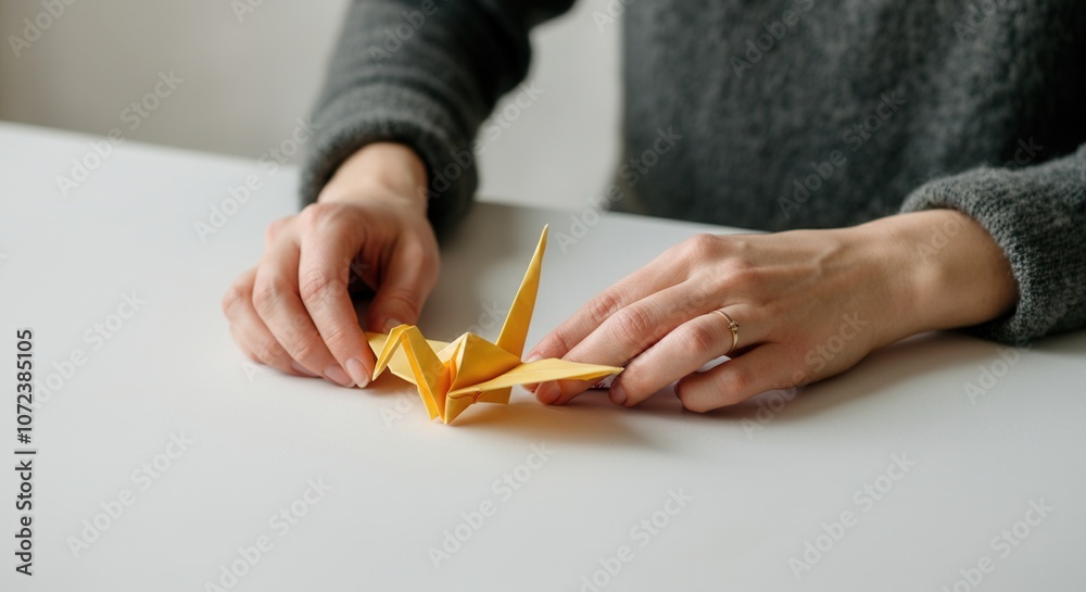 Obraz premium Tranquil origami craft session with delicate paper crane