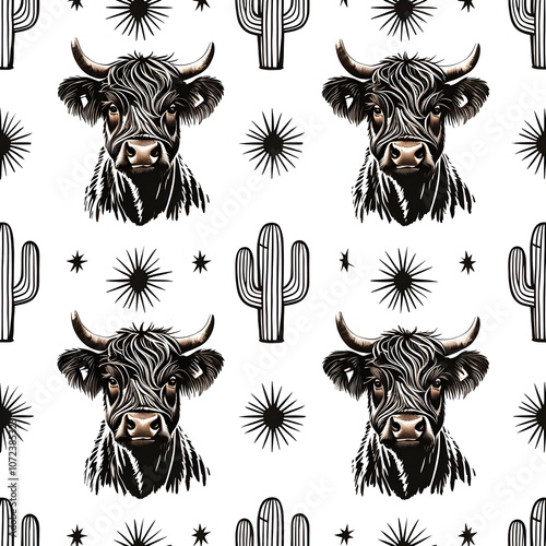 highland cow and cactus seamless pattern