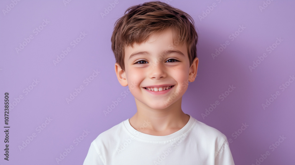 A cheerful young boy in a casual t-shirt smiles brightly against a pastel purple background A cheerful young boy in a casual t-shirt smiles brightly against a pastel purple background
