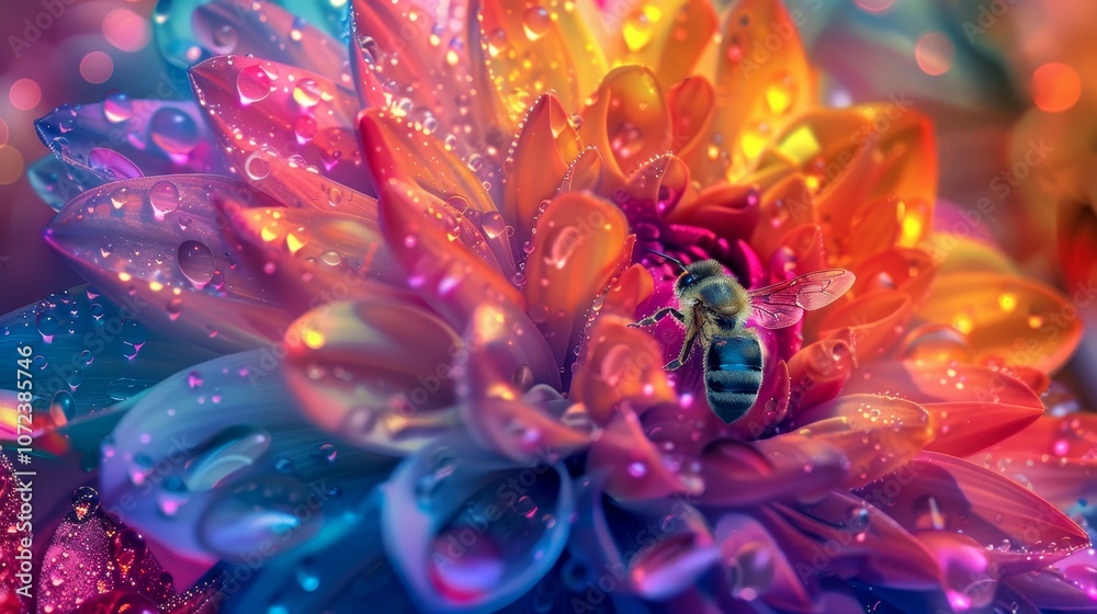 Fototapeta premium Macro photo of a honey bee on a colorful flower, showcasing intricate details and vibrant hues
