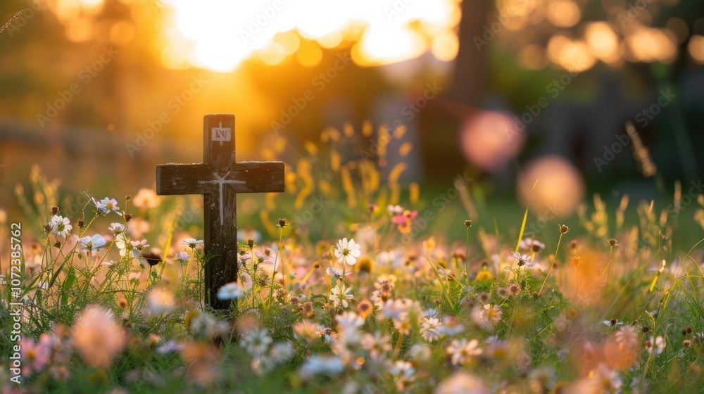 Easter Tranquility: Wooden Cross at Sunrise in Blooming Meadow for Spiritual Reflection Easter Tranquility: Wooden Cross at Sunrise in Blooming Meadow for Spiritual Reflection