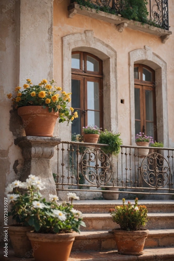 Naklejka premium Italian balcony with potted flowers and wrought iron railing