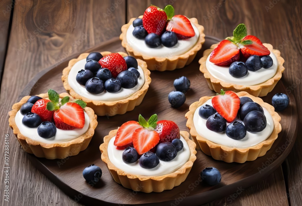 A close-up of fruit tarts with whipped cream, strawberries, and blueberries on a wooden table A close-up of fruit tarts with whipped cream, strawberries, and blueberries on a wooden table