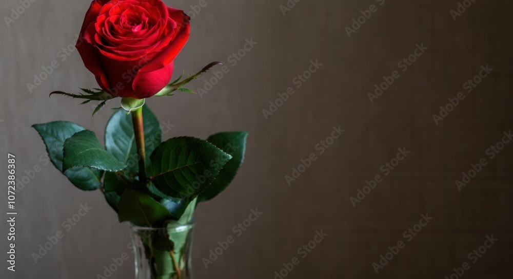 Elegant single red rose in glass vase dark background Elegant single red rose in glass vase dark background