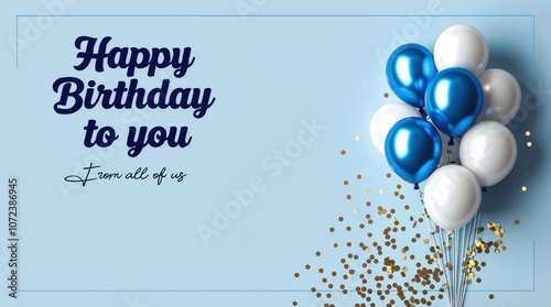 Happy Birthday card with balloons and confetti on a blue background, top view photo