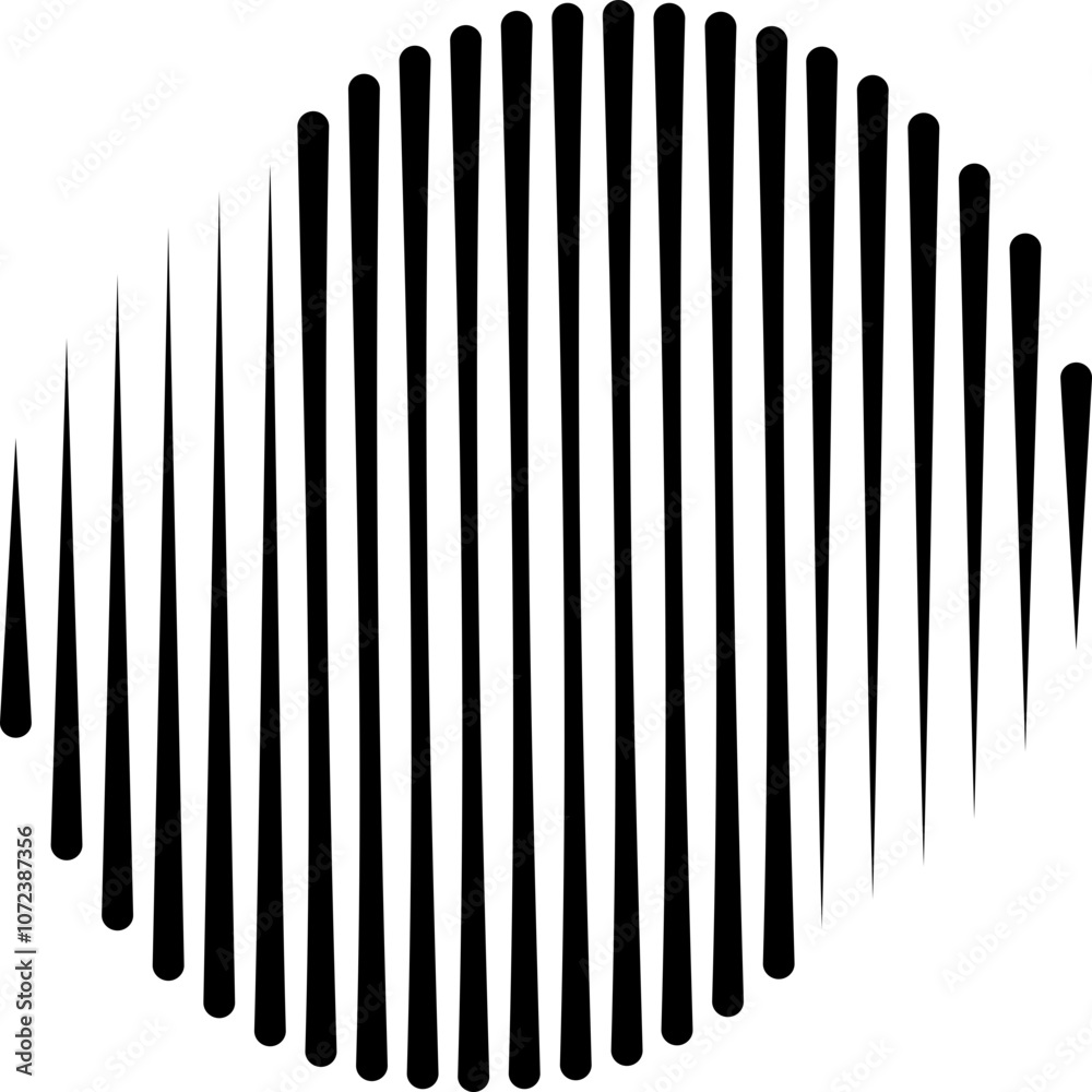 A circular pattern made up of vertical black lines that gradually vary in thickness, creating a spherical or convex illusion effect against a white background. A circular pattern made up of vertical black lines that gradually vary in thickness, creating a spherical or convex illusion effect against a white background.