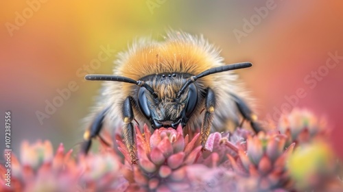 Close up of an adorable honey bee on a bright flower, showcasing nature s beauty and detail photo