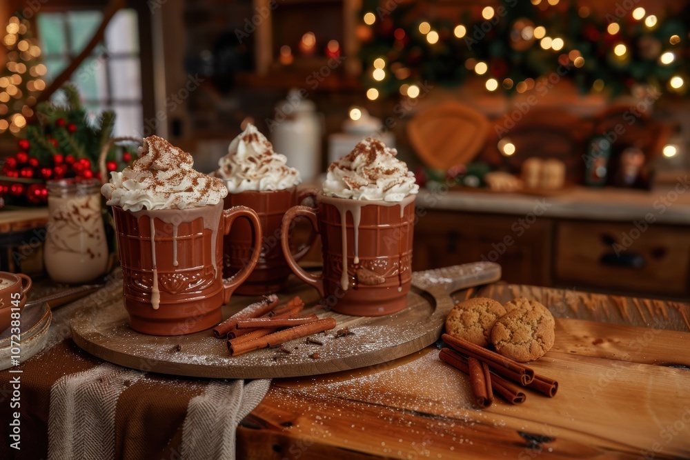 Cozy Holiday Kitchen with Hot Chocolate Tray and Warm Festive Ambiance Cozy Holiday Kitchen with Hot Chocolate Tray and Warm Festive Ambiance
