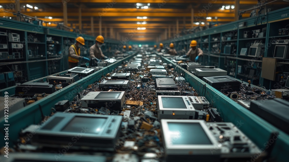 Workers dismantling electronic waste in a recycling facility. Workers dismantling electronic waste in a recycling facility.