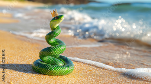 Christmas tree shape Crowned green snake on sandy beach with ocean waves in background photo