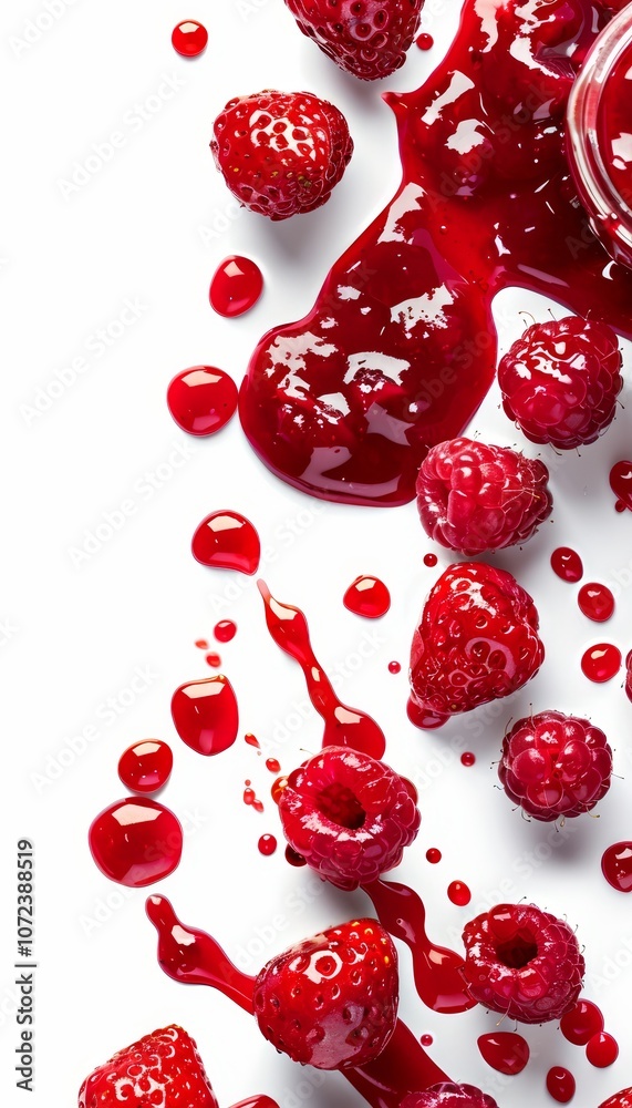 Delicious strawberry jam spilling from a jar on a pristine white background, showcasing rich color Delicious strawberry jam spilling from a jar on a pristine white background, showcasing rich color