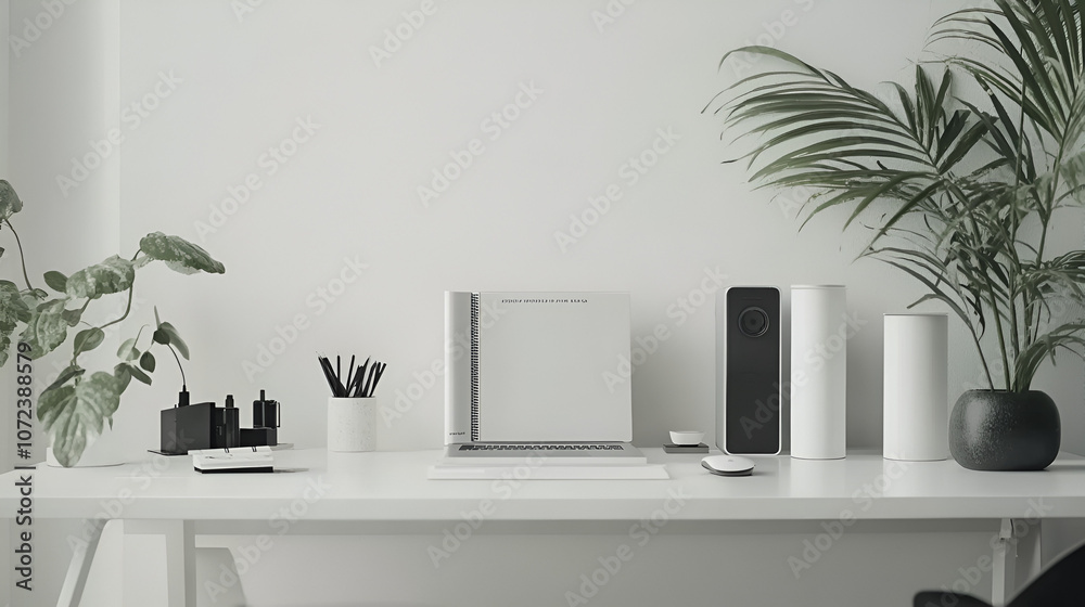A sleek white desk with a 2025 planner open surrounded by tech gadgets and minimalistic decor A sleek white desk with a 2025 planner open surrounded by tech gadgets and minimalistic decor