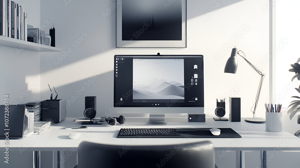 A sleek white desk with a 2025 planner open surrounded by tech gadgets and minimalistic decor A sleek white desk with a 2025 planner open surrounded by tech gadgets and minimalistic decor