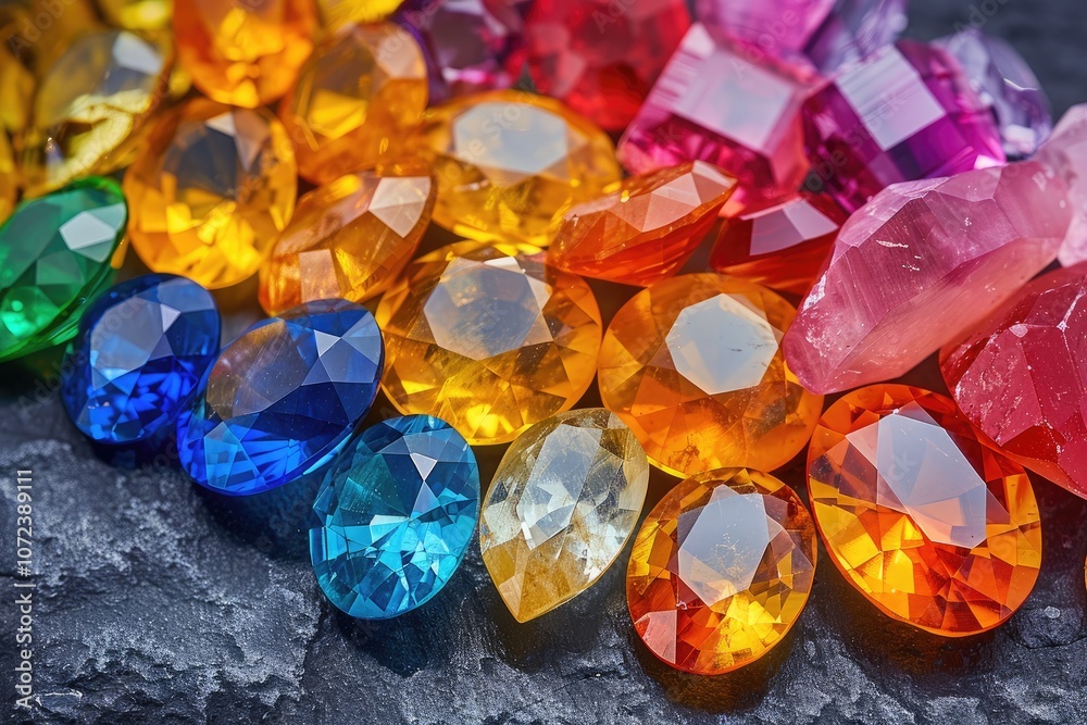 Colorful Gemstones Arranged in a Rainbow Pattern on a Dark Surface Colorful Gemstones Arranged in a Rainbow Pattern on a Dark Surface