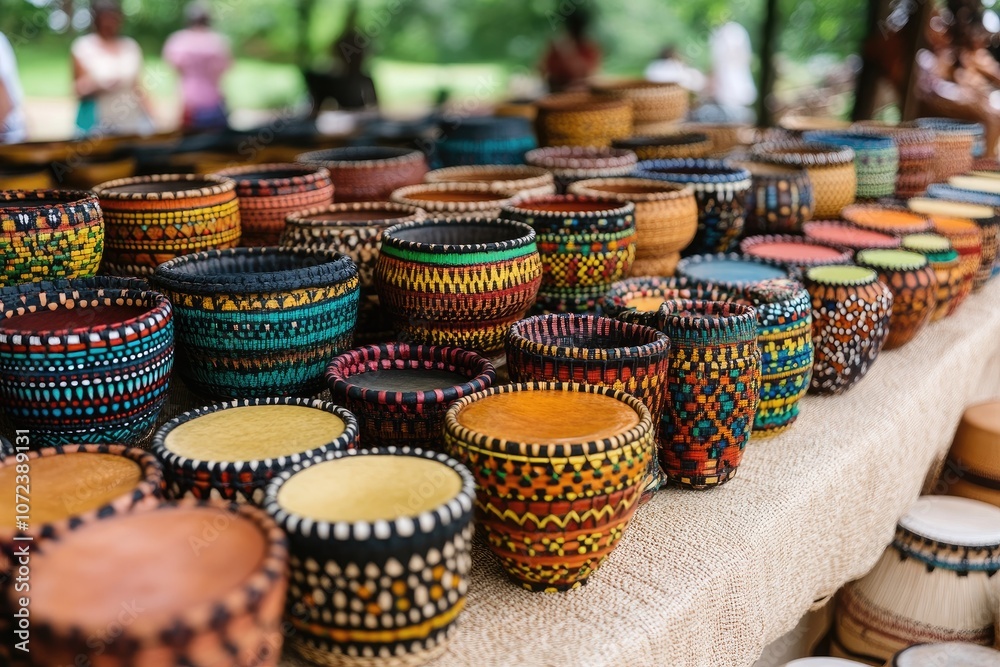 Colorful Hand-Painted Woven Baskets Displayed on a Table Colorful Hand-Painted Woven Baskets Displayed on a Table