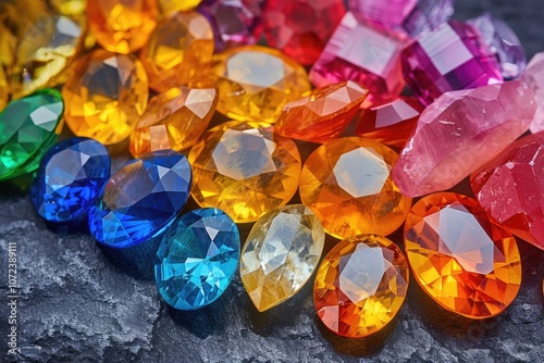 Colorful Gemstones Arranged in a Rainbow Pattern on a Dark Surface