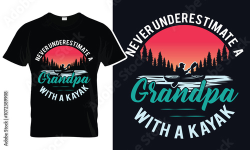 Never Underestimate a Grandpa with a Kayak - Retro Sunset Kayaking T-Shirt Design
