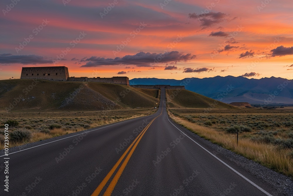 Naklejka premium Scenic Rocky Road Through Prairie Landscape Leading to Ancient Incan Fortress at Sunset