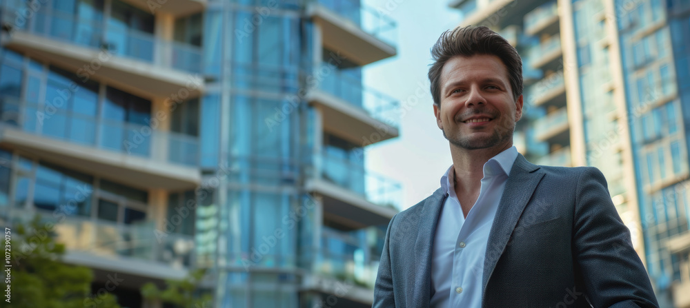 Confident Business Professional Before Skyscraper Reflecting Real Estate Success Confident Business Professional Before Skyscraper Reflecting Real Estate Success