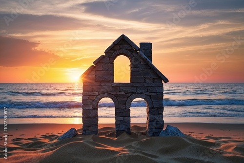 House Built on Rock vs. House Built on Sand: A Biblical Lesson on Strength and Faith at Sunset photo