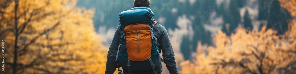 A man is walking in the woods with a backpack on. The backpack is orange and blue. The woods are full of trees and the leaves are changing colors A man is walking in the woods with a backpack on. The backpack is orange and blue. The woods are full of trees and the leaves are changing colors