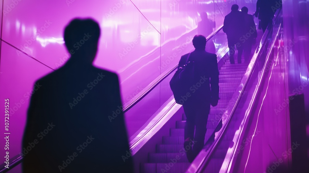 Silhouetted figures ascend an illuminated purple escalator in a modern urban setting. Silhouetted figures ascend an illuminated purple escalator in a modern urban setting.