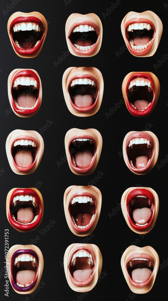 A diverse collection of mouths showcasing different expressions and lip colors.
