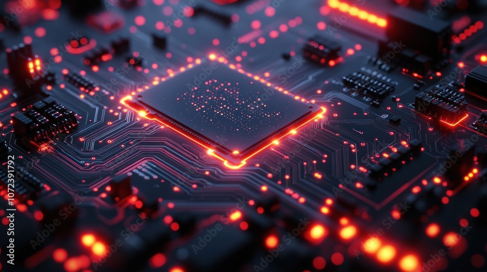 Close-up of a glowing microchip on a circuit board. Close-up of a glowing microchip on a circuit board.